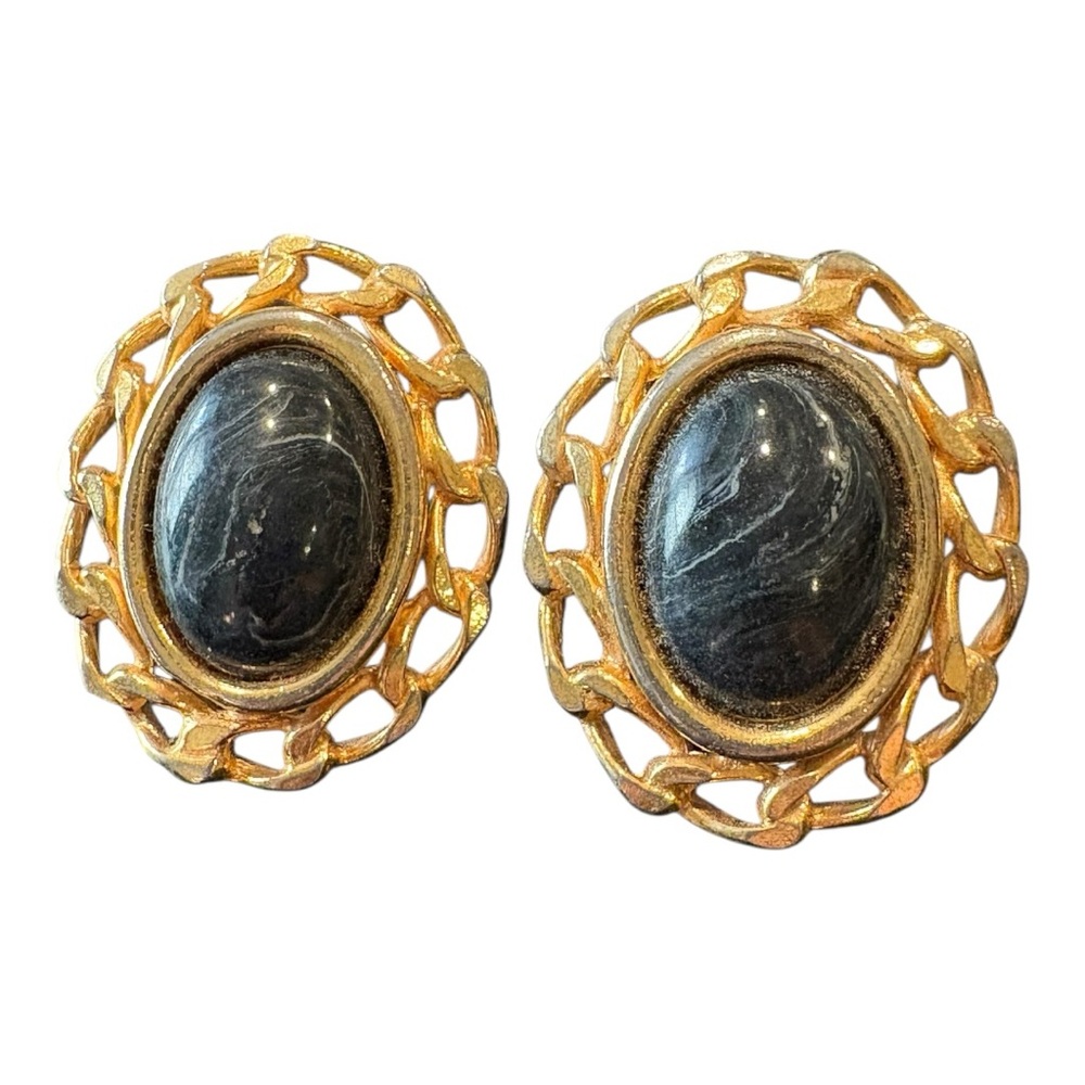 Vintage Clip-On Earrings Black Marbled Oval Cabochons Gold Chain Link Frame J18